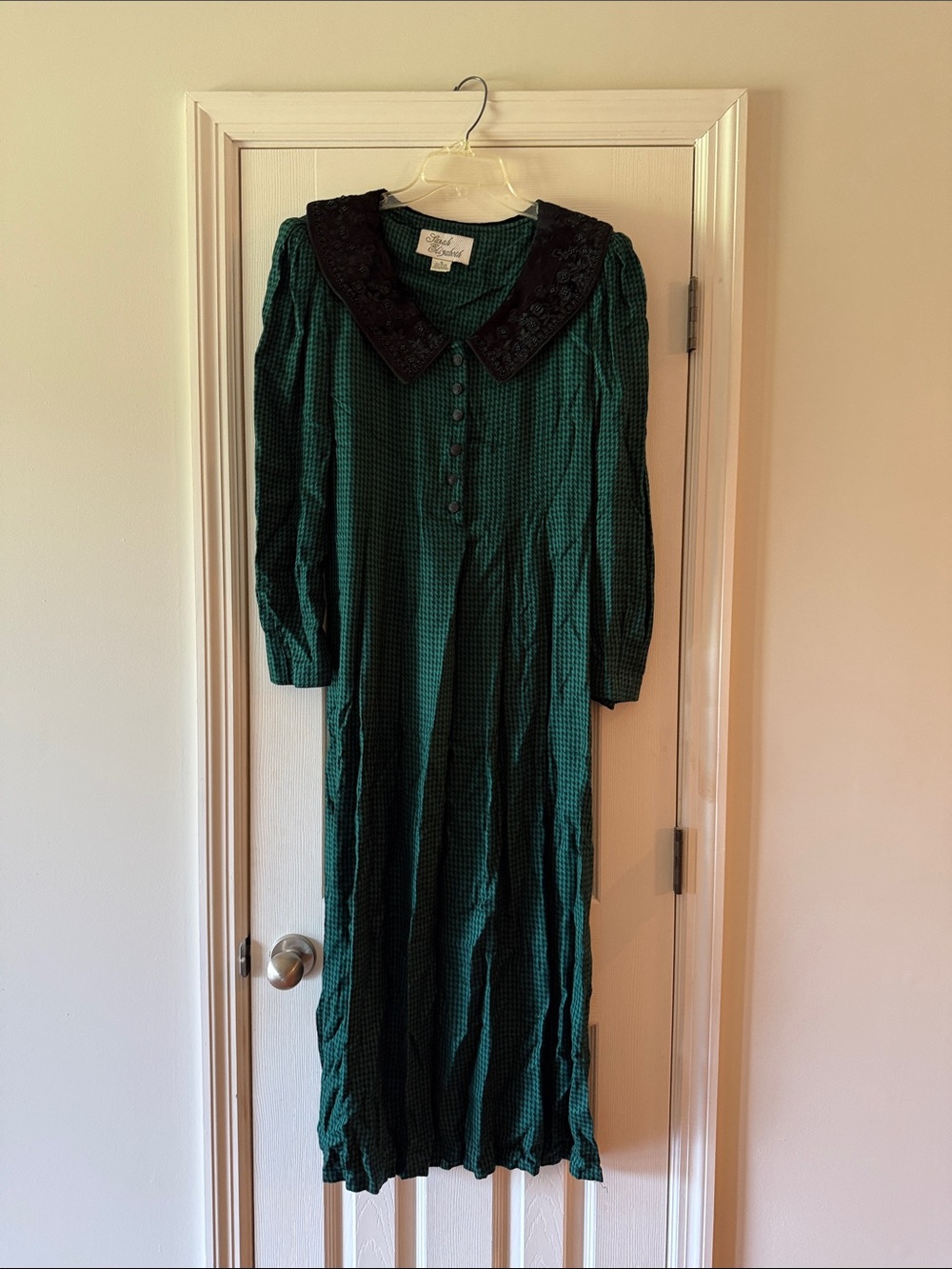 Sarah Elizabeth Dark Green Maxi Dress with Black Velour Collar with beading